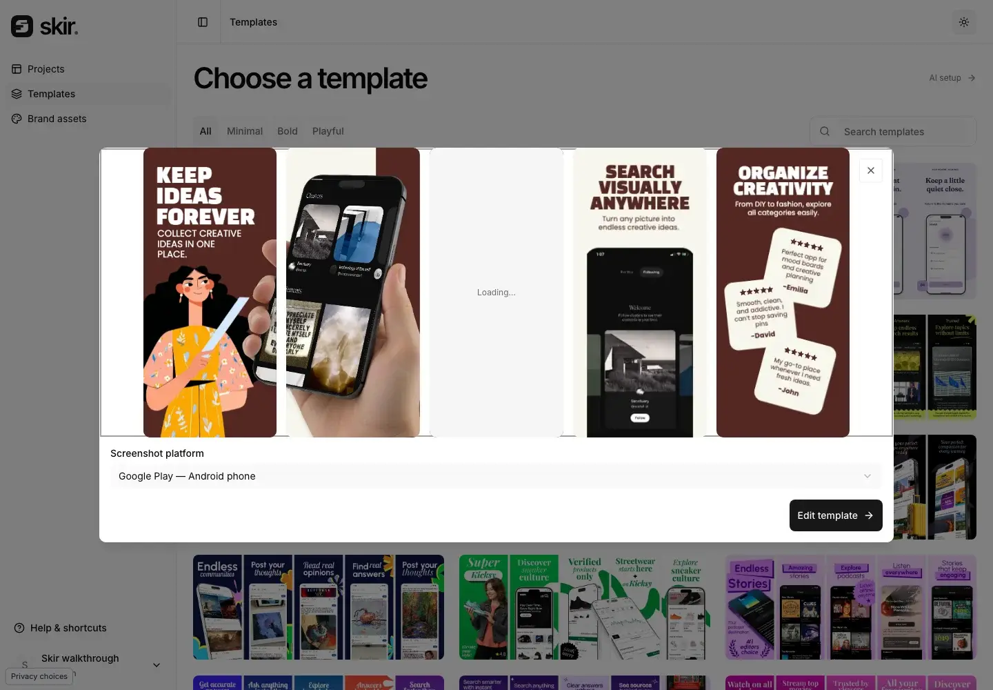 Skir template dialog with Google Play — Android phone selected under Screenshot platform