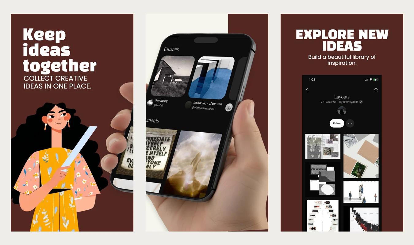 Three actual Android exports of the illustrative Keep Ideas Forever set