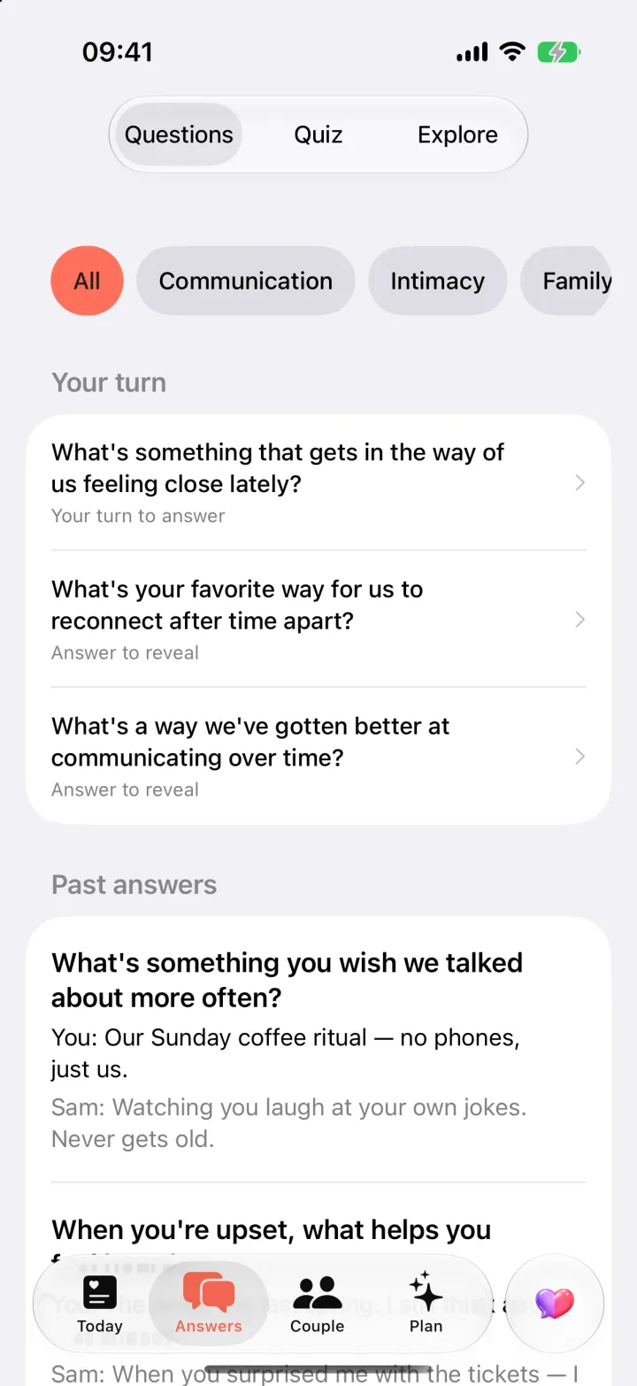 The Answers screen: today's question waiting for an answer, with past questions revealed side by side.