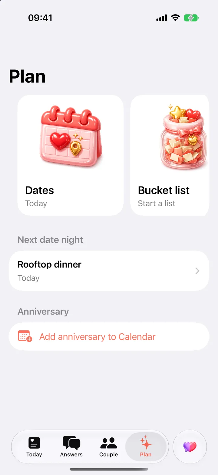 The Plan screen with Dates and Bucket list cards, the next date night, and an anniversary reminder.